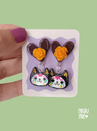 Aretes día de muertos corazón y gato