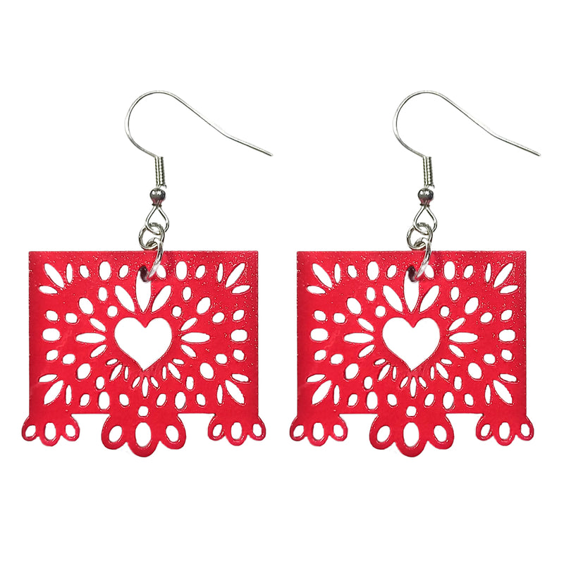 Aretes Papel Picado Corazón Rojo