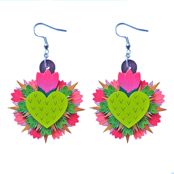 Aretes Corazón Nopal Flores Rosas