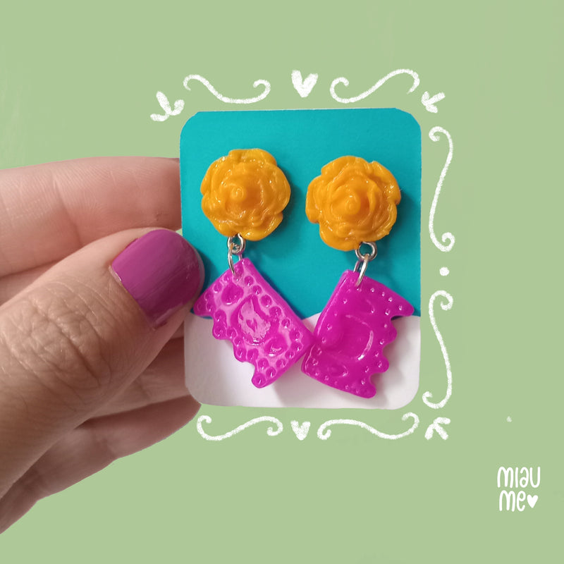 Aretes día de muertos cempasuchil y papel picado
